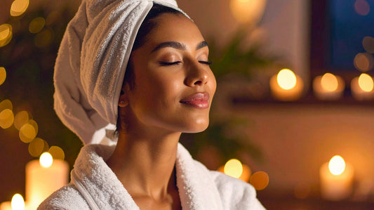 Woman meditating in her home spa