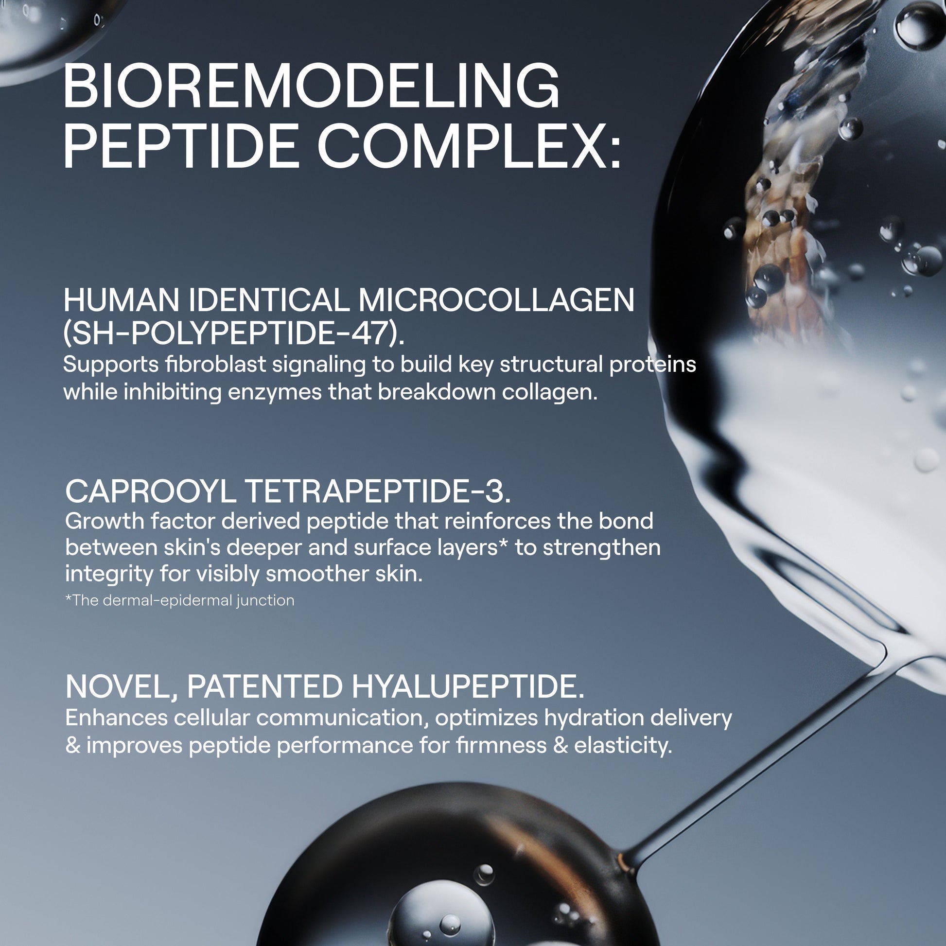 Advertisement for a bioremodeling peptide complex with text and close-up of a dropper.