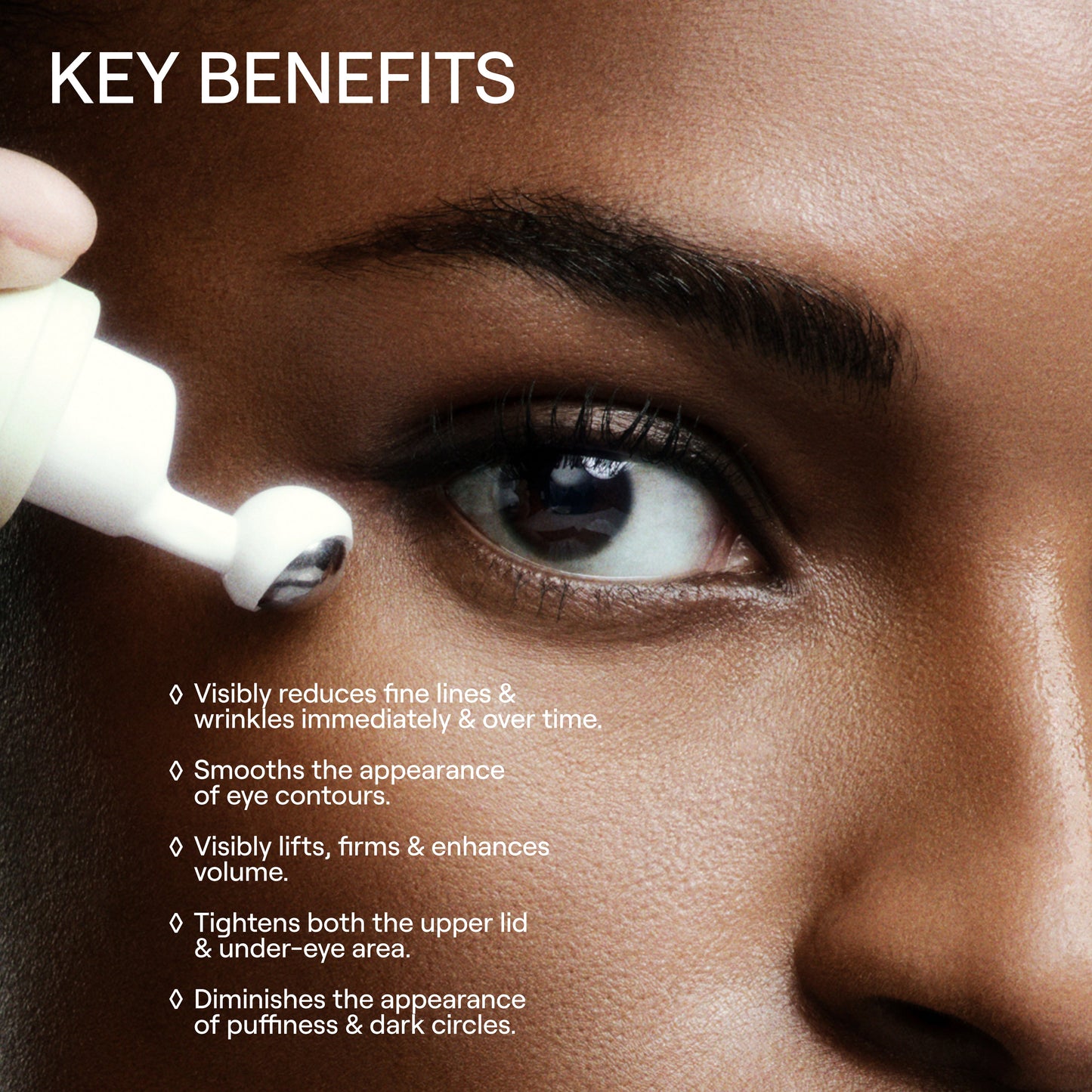 Close-up of a person applying eye cream with text highlighting key benefits.