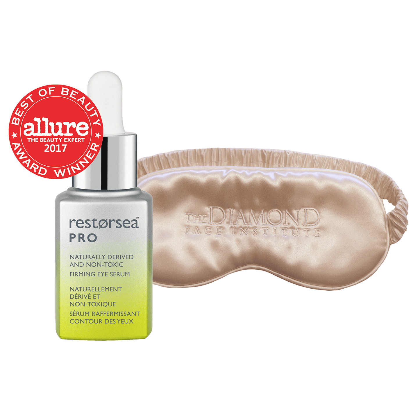 PRO Firming Eye Serum Restorsea PRO best of beauty allure award winner and Monogrammed Sleep Mask in caramel