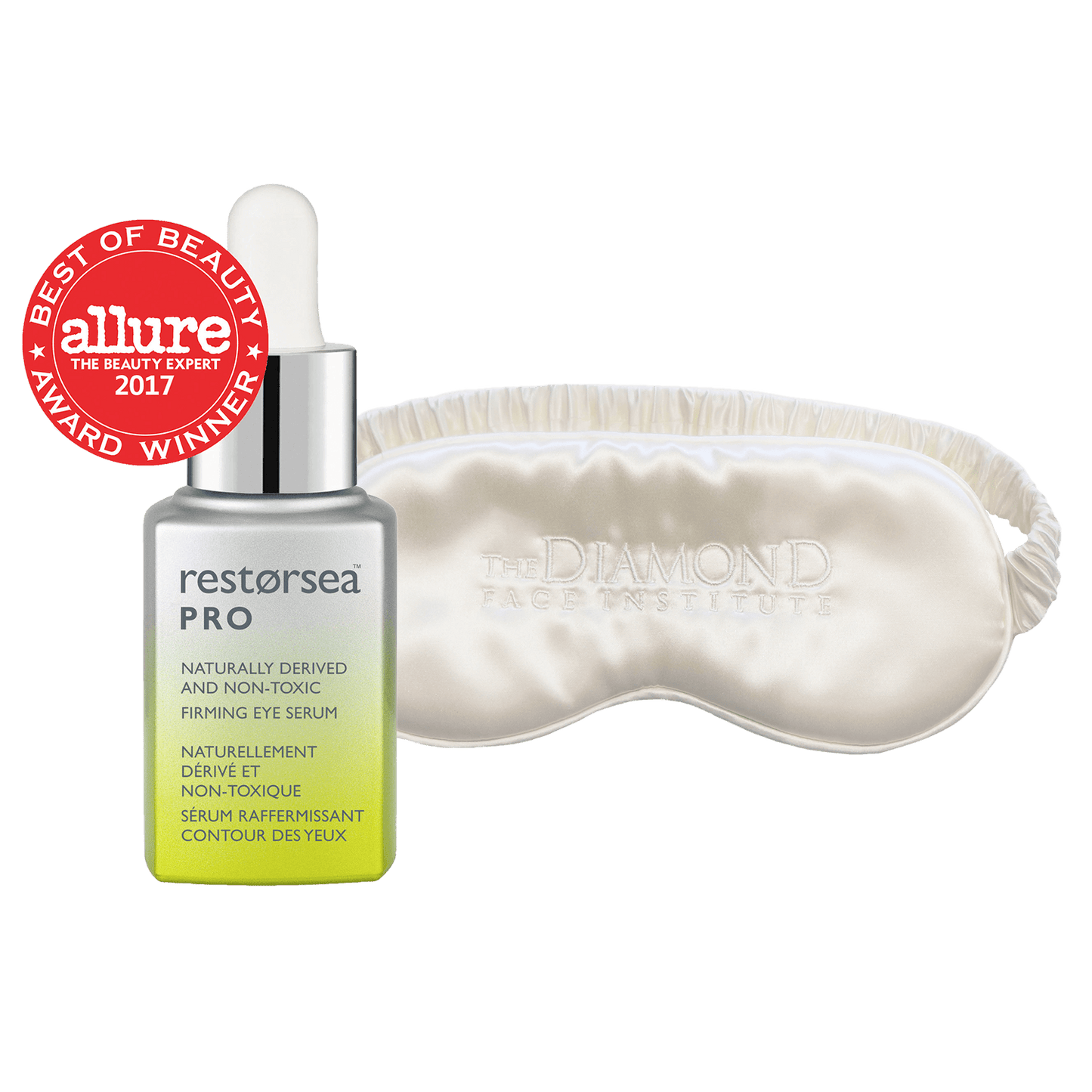 PRO Firming Eye Serum Restorsea PRO best of beauty allure award winner and Monogrammed Sleep Mask in Ivory